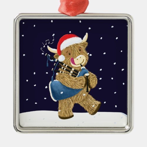 Scottish Highland Cow Christmas Piper Metal Ornament