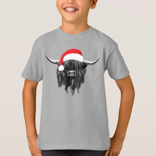 Scottish Highland Cow Christmas Santa Hat T_shirt