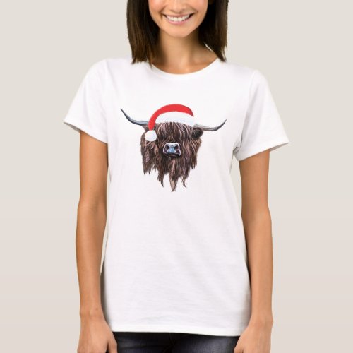 Scottish Highland Cow Christmas Santa Hat T_Shirt