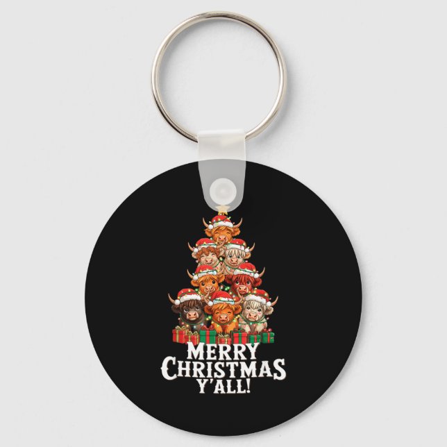 Scottish Highland Cow Christmas Tree Funny Cow Lov Keychain (Front)