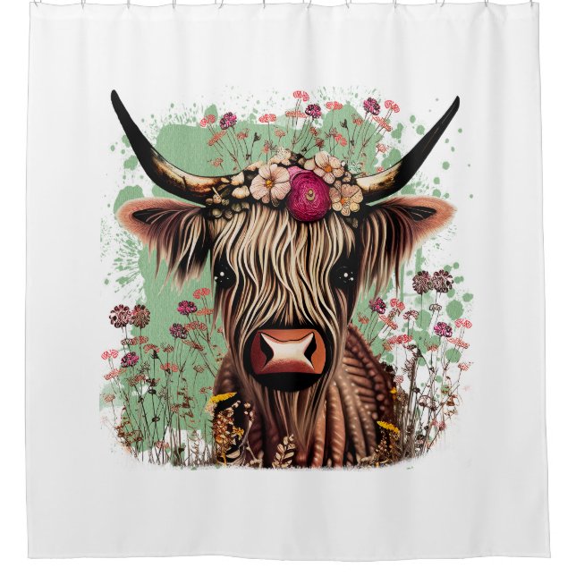 Scottish Highland Cow Floral Shower Curtain  (Front)