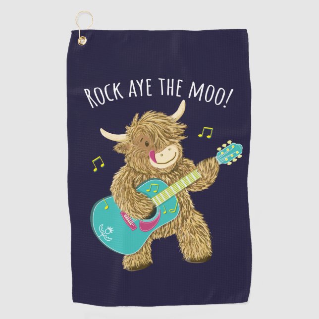 Scottish Highland Cow Guitarist Rock Aye The Moo!  Golf Towel (Front)