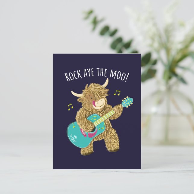 Scottish Highland Cow Guitarist Rock Aye The Moo!  Postcard (Standing Front)