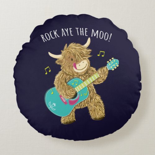 Scottish Highland Cow Guitarist Rock Aye The Moo  Round Pillow