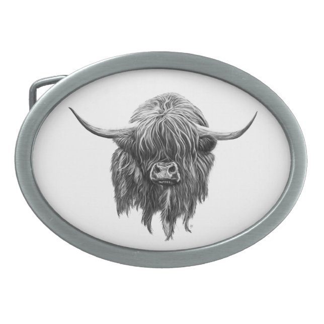 Scottish Highland Cow In Black And White Belt Buckle (Front)