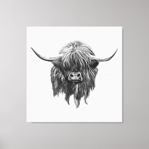 Scottish Highland Cow In Black And White Canvas Print