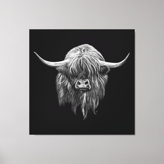 Scottish Highland Cow In Black And White Canvas Print (Front)