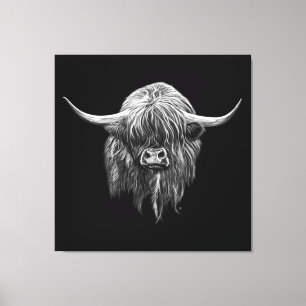 Scottish Highland Cow In Black And White Canvas Print