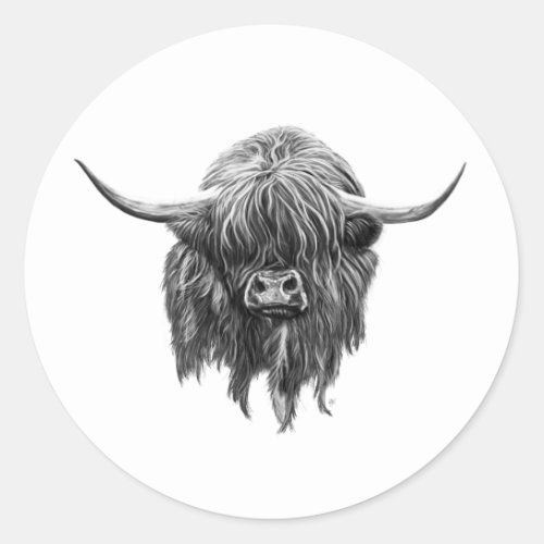 Scottish Highland Cow In Black And White Classic Round Sticker