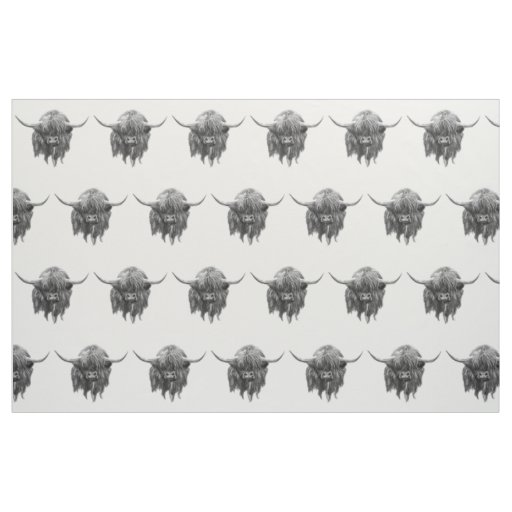 Scottish Highland Cow In Black And White Fabric