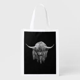 Scottish Highland Cow In Black And White Grocery Bag