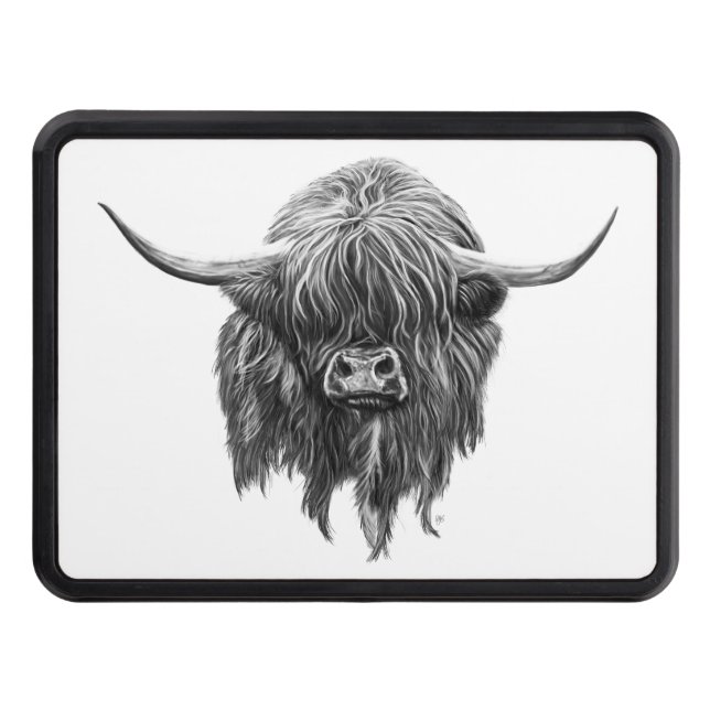 Scottish Highland Cow In Black And White Hitch Cover (Front)