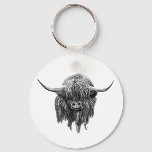 Scottish Highland Cow In Black And White Keychain