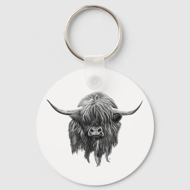 Scottish Highland Cow In Black And White Keychain (Front)