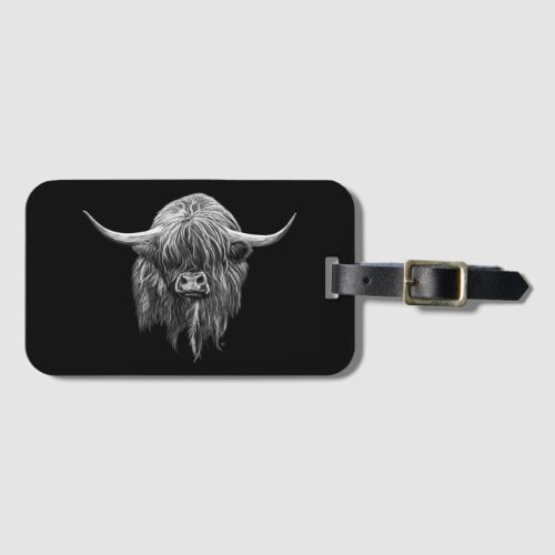 Scottish Highland Cow In Black And White Luggage Tag