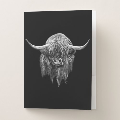 Scottish Highland Cow In Black And White Pocket Folder