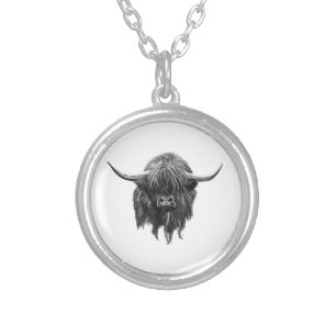 Scottish Highland Cow In Black And White Silver Plated Necklace