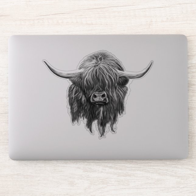 Scottish Highland Cow In Black And White Sticker (Computer)
