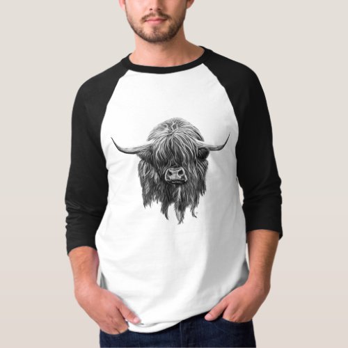 Scottish Highland Cow In Black And White T_Shirt