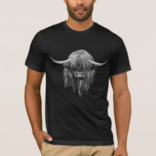 Scottish Highland Cow In Black And White T-Shirt