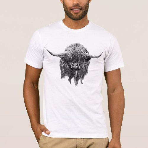 Scottish Highland Cow In Black And White T_Shirt