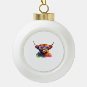 Scottish Highland Cow in Sunglasses Colorful Water Ceramic Ball Christmas Ornament