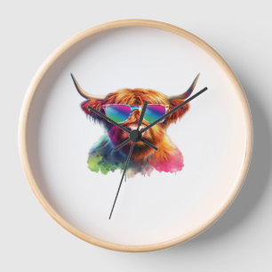 Scottish Highland Cow in Sunglasses Colorful Water Clock