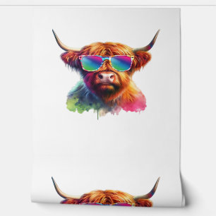Scottish Highland Cow in Sunglasses Colorful Water Wallpaper