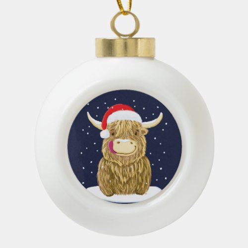Scottish Highland Cow In The Christmas Snow Ceramic Ball Christmas Ornament