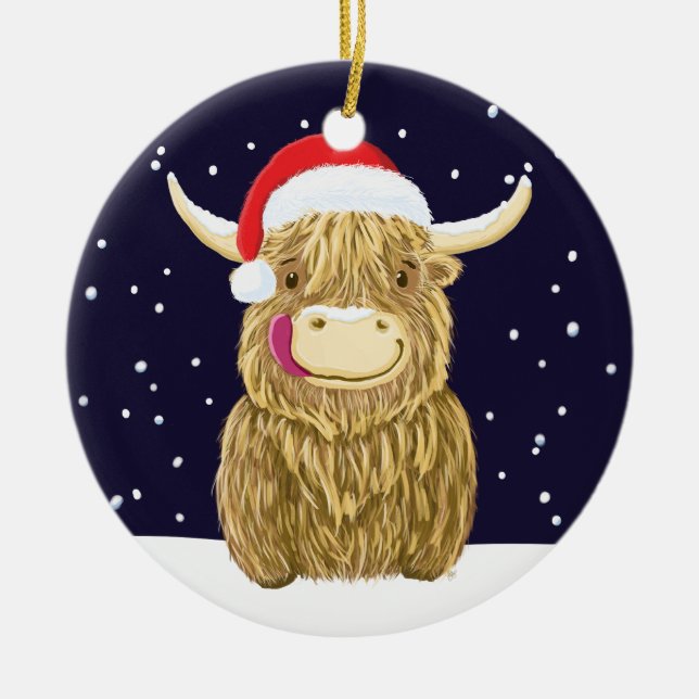 Scottish Highland Cow In The Christmas Snow Ceramic Ornament (Front)