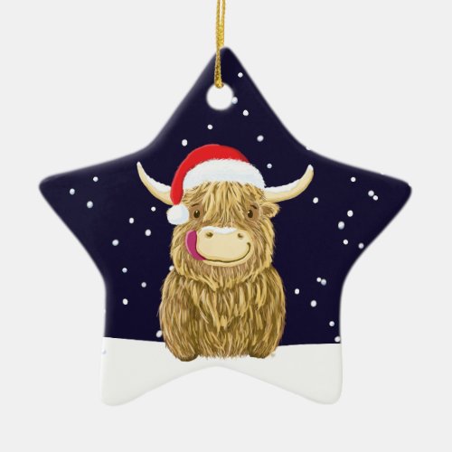Scottish Highland Cow In The Christmas Snow Ceramic Ornament