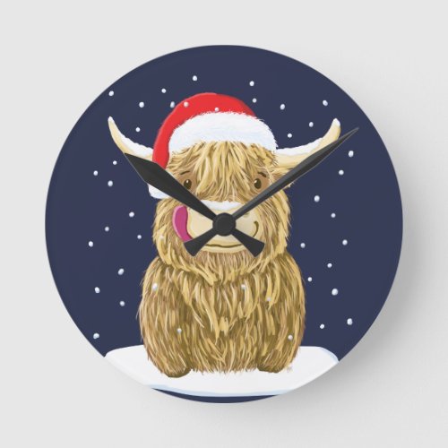 Scottish Highland Cow In The Christmas Snow Round Clock