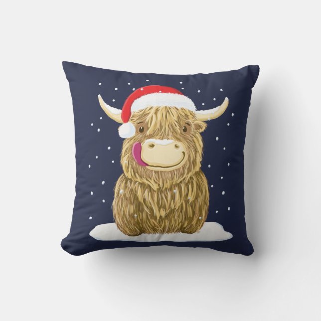 Scottish Highland Cow In The Christmas Snow Throw Pillow (Front)
