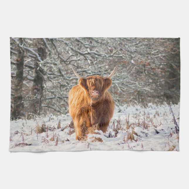 Scottish Highland cow in the snow Kitchen Towel (Horizontal)