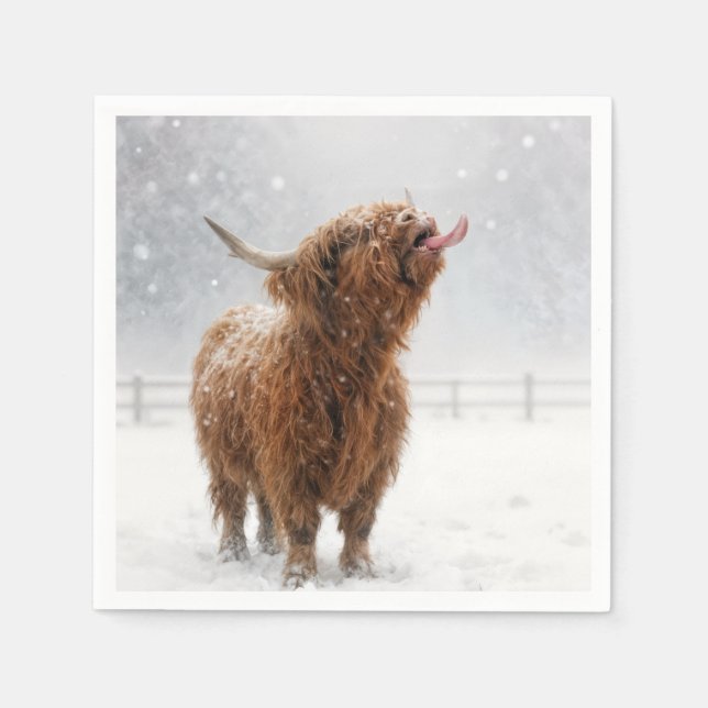Scottish Highland Cow Licking Snowflakes Napkins (Front)