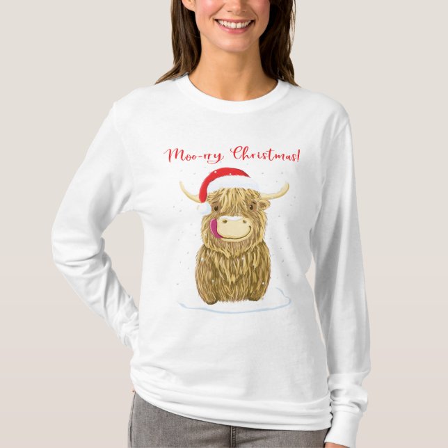 Scottish Highland Cow Merry Christmas Snow T-Shirt (Front)