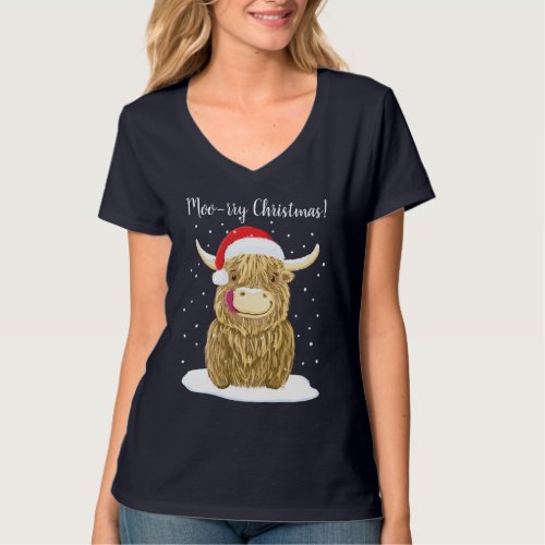 Scottish Highland Cow Merry Christmas Snow T_Shirt