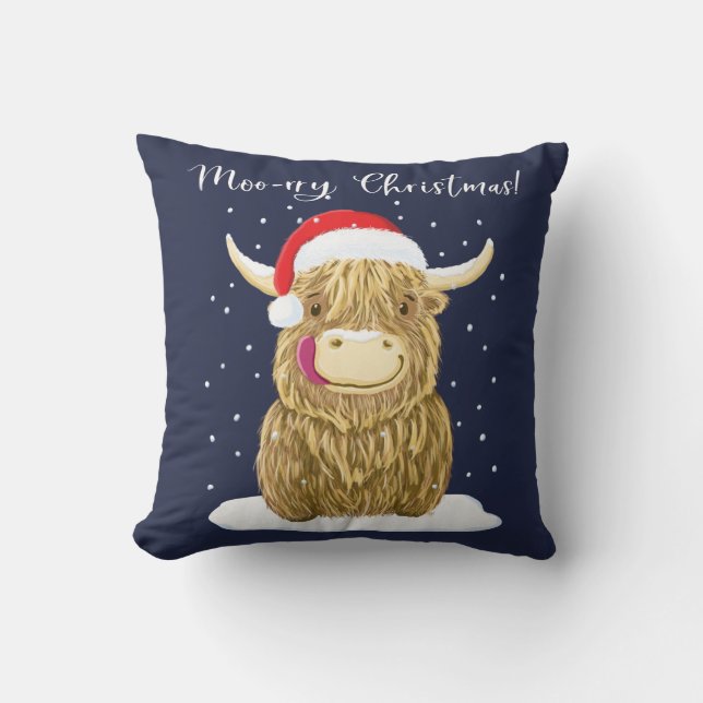 Scottish Highland Cow Merry Christmas Snow Throw Pillow (Front)