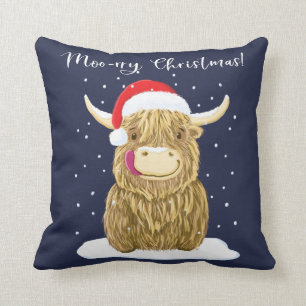 Scottish Highland Cow Merry Christmas Snow Throw Pillow