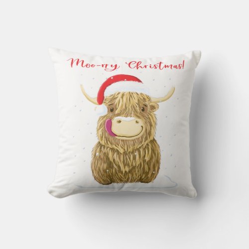 Scottish Highland Cow Merry Christmas Snow Throw Pillow