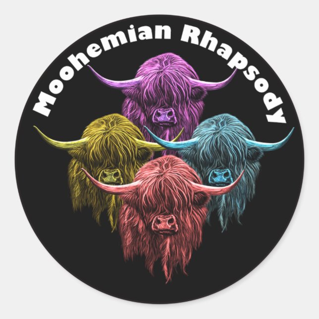Scottish Highland Cow. Moohemian Rhapsody Classic Round Sticker (Front)