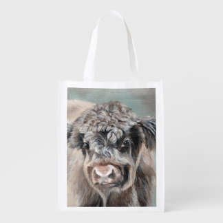 Scottish Highland Cow on Green Grocery Bag