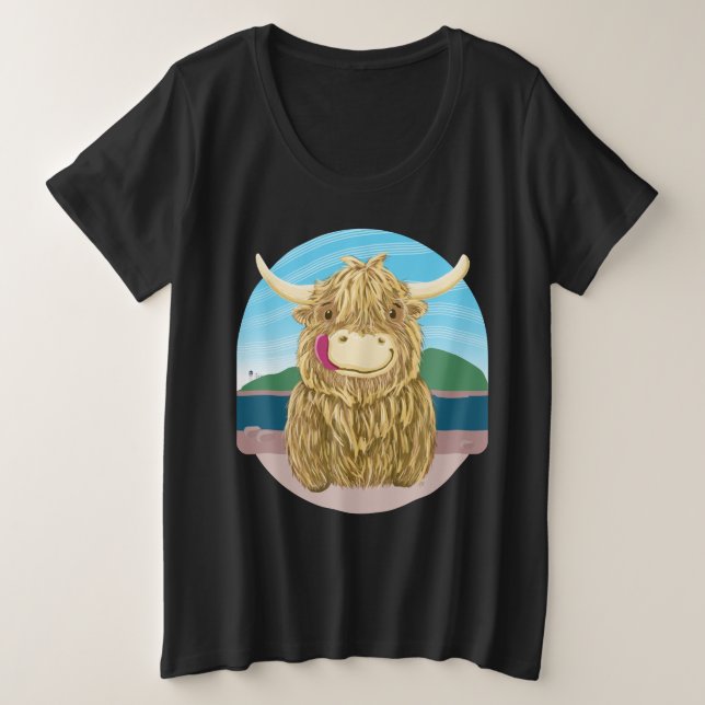 Scottish Highland Cow On The Beach Plus Size T-Shirt (Design Front)