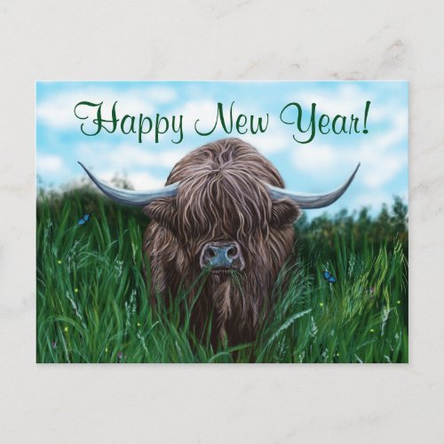 Scottish Highland Cow Painting Holiday Postcard