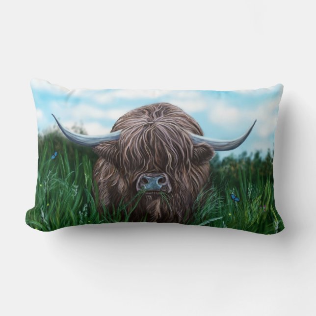Scottish Highland Cow Painting Lumbar Pillow (Front)