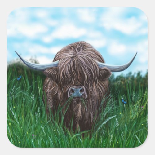 Scottish Highland Cow Painting Square Sticker