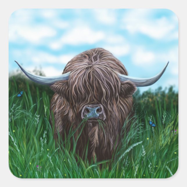 Scottish Highland Cow Painting Square Sticker (Front)
