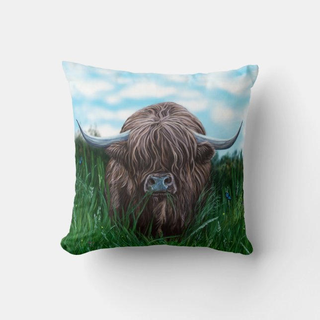 Scottish Highland Cow Painting Throw Pillow (Front)