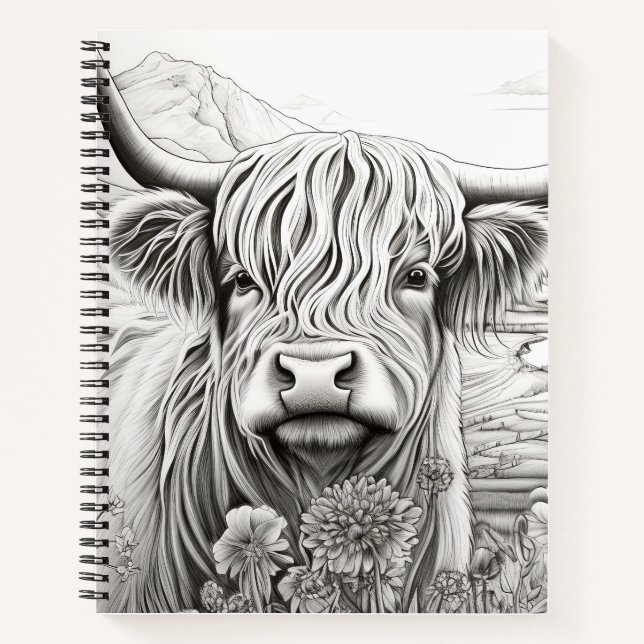 Scottish Highland Cow Peaceful Nature Prairie Art Notebook (Front)