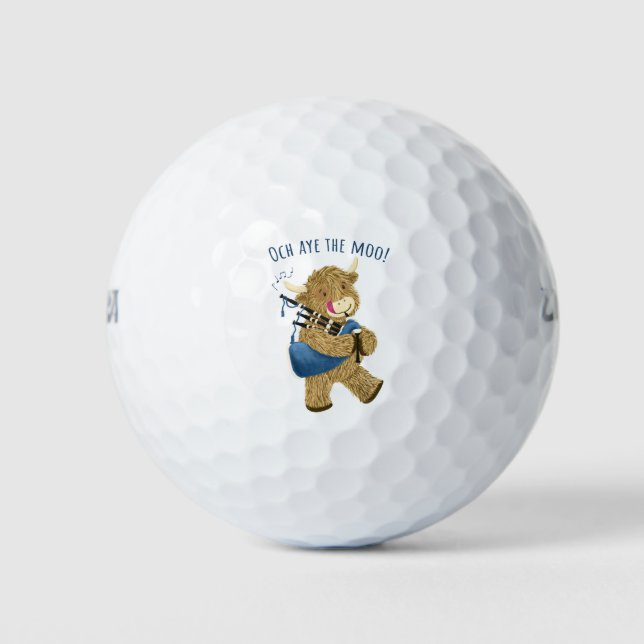 Scottish Highland Cow Piper Says Och Aye The Moo! Golf Balls (Front)